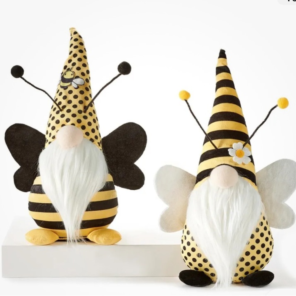 Bee Gnomes Figurines Plush 14" High Set of 2 Yellow with Antennae Wings Beard